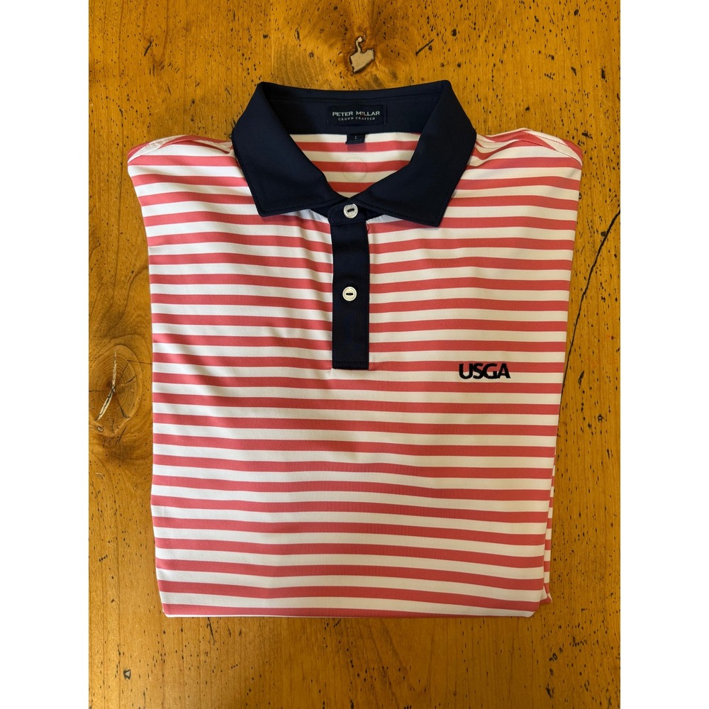 Peter Millar Crown Crafted Size L Pink Blue Striped USGA Golf Polo Shirt Mens